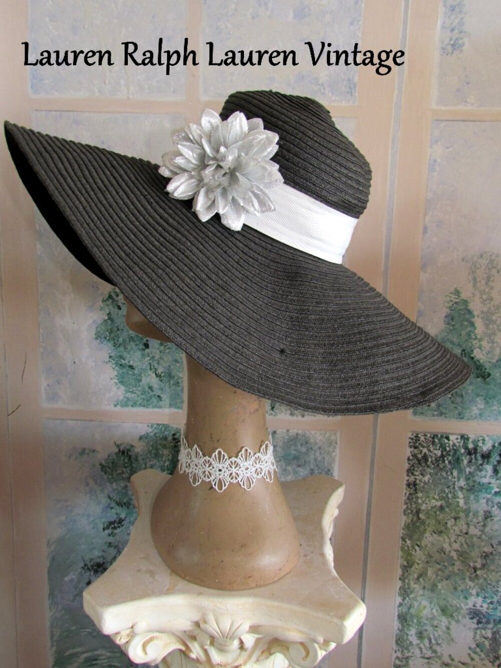BLACK WIDE BRIMMED HAT, LAUREN RALPH LAUREN VINTAGE ROMANTIC, Sz M, 22" HEAD